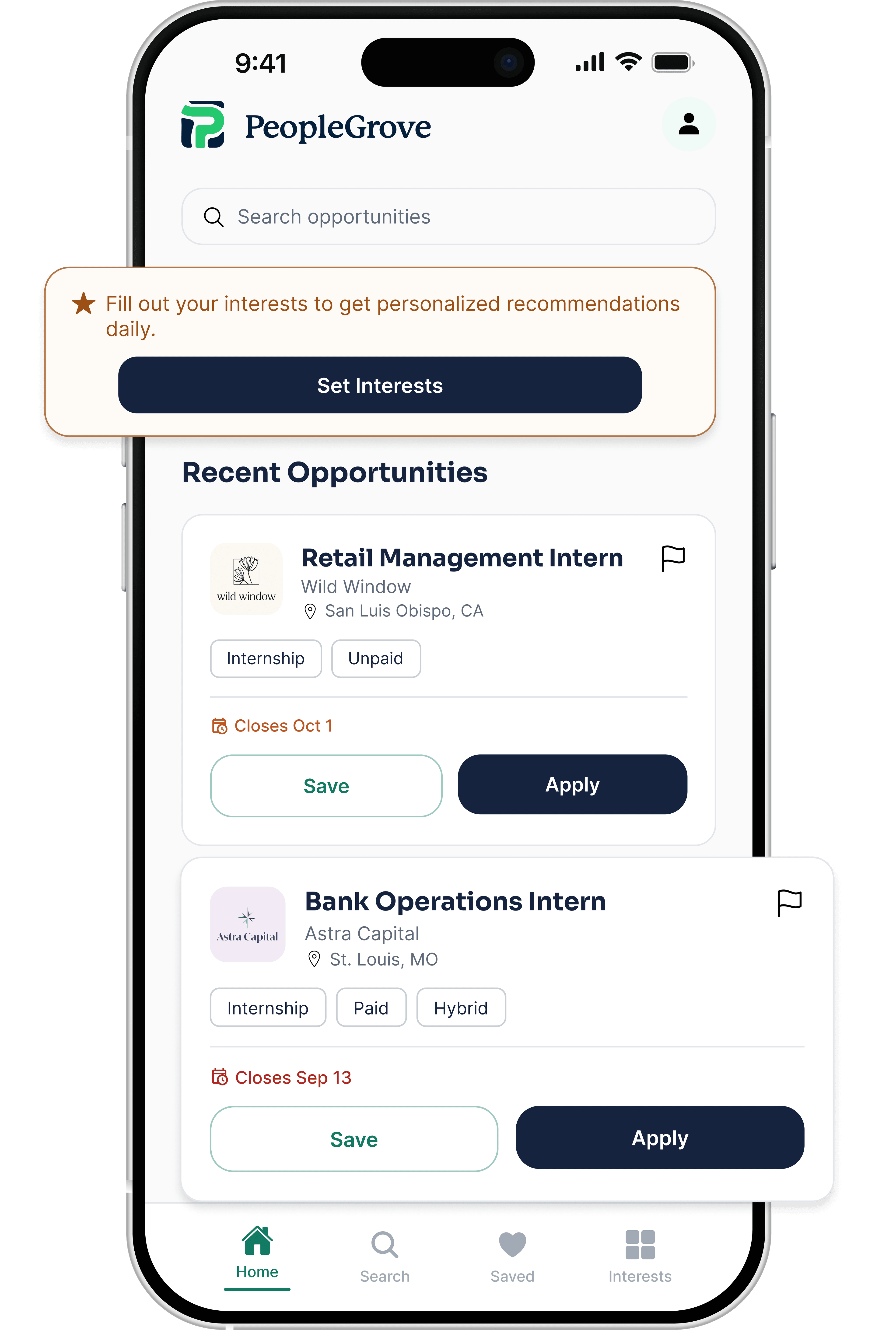 PeopleGrove's Home screen with its 'Set Interests' prompt and a Bank Operations Intern card both popped out for a closer look.
