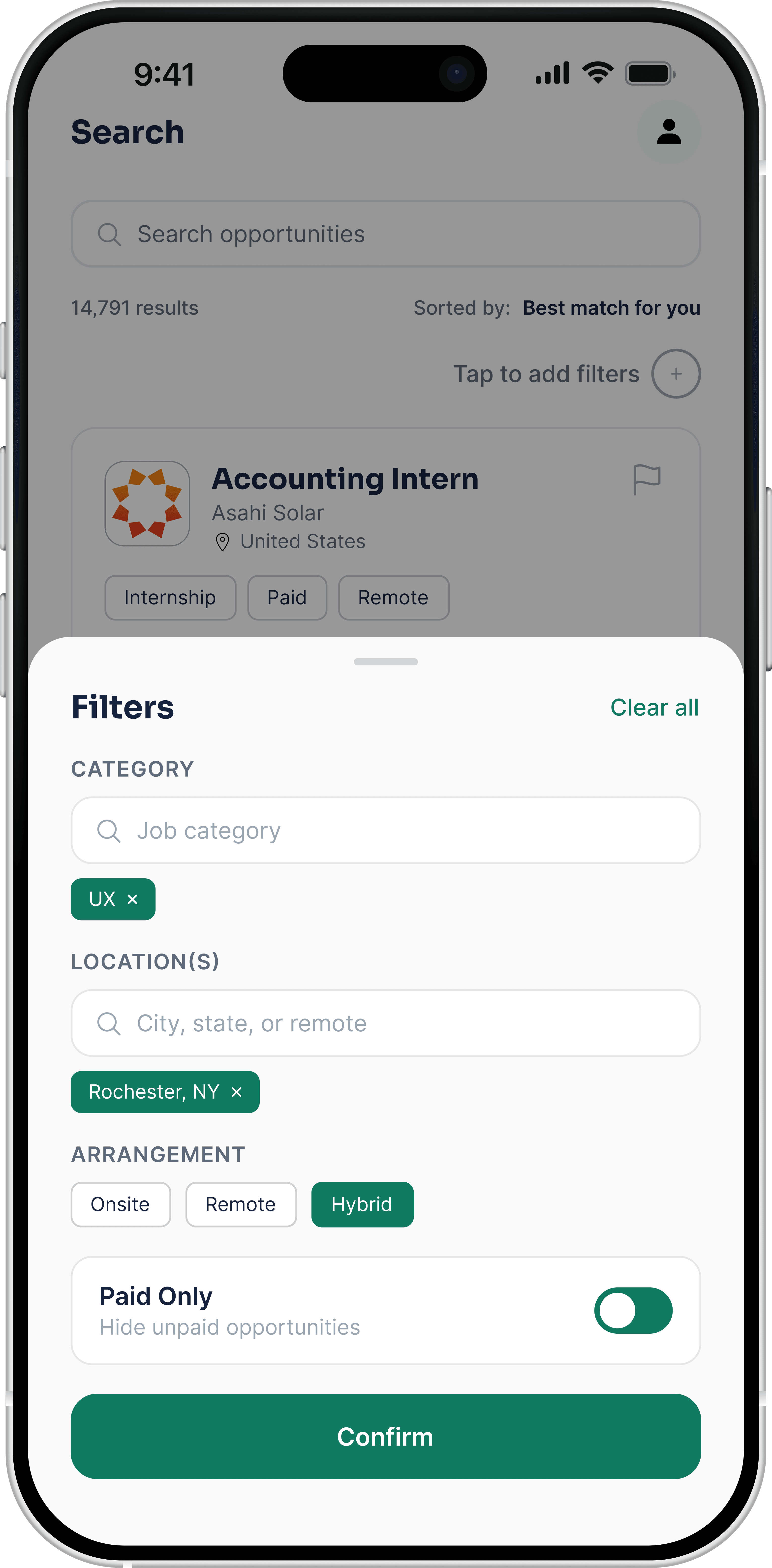 PeopleGrove's mobile filter sheet with UX, Rochester, NY, and Hybrid chosen and Paid Only switched on.