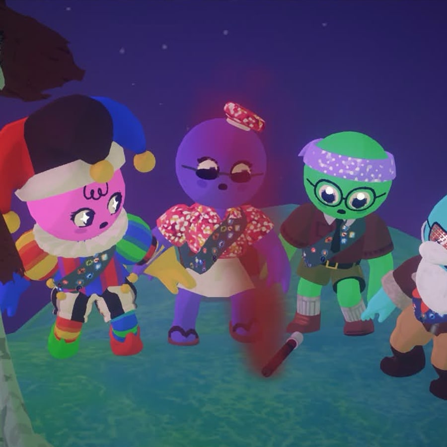 Five goofy characters in mismatched outfits, huddled on a mountaintop at night in the game Peak.