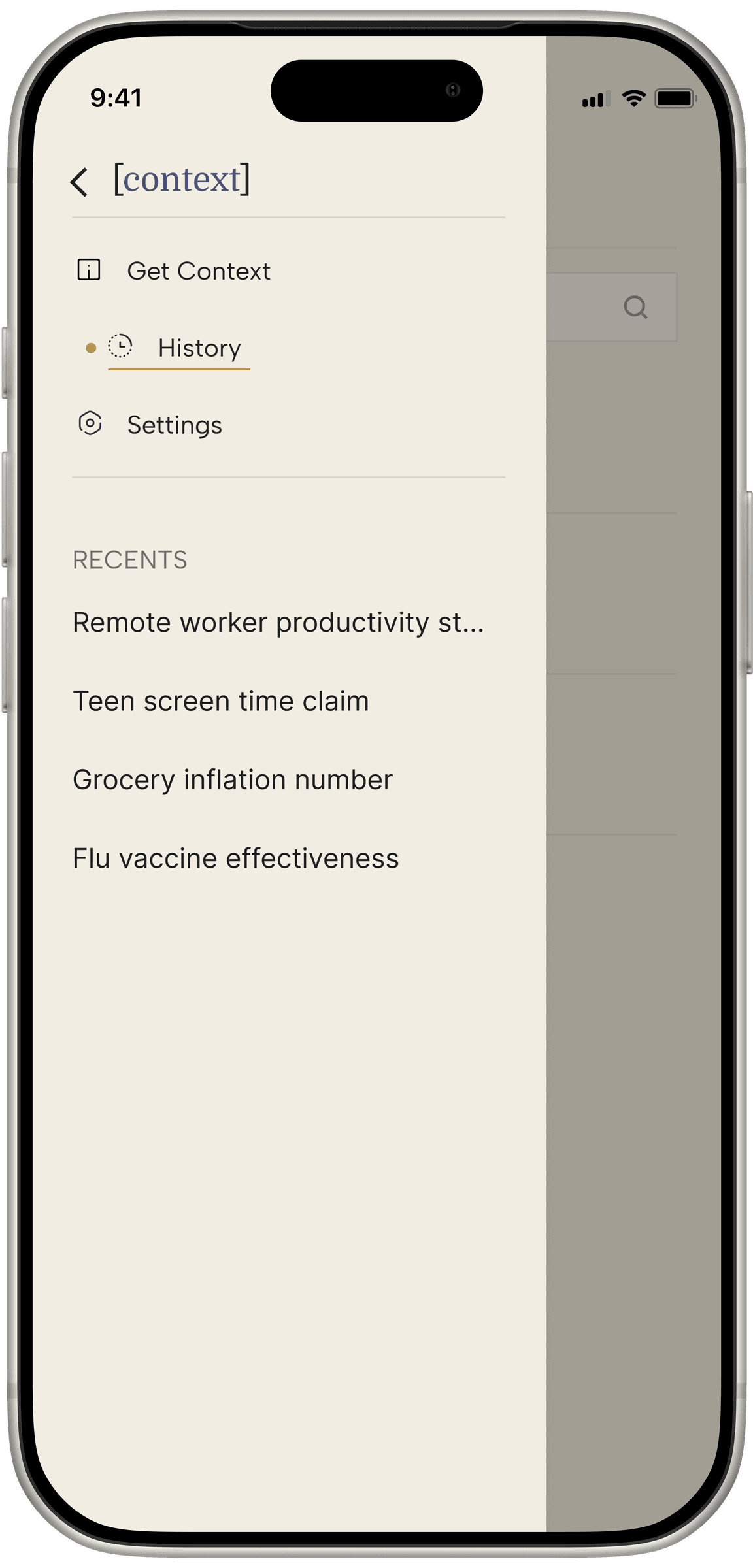 Context navigation drawer over History