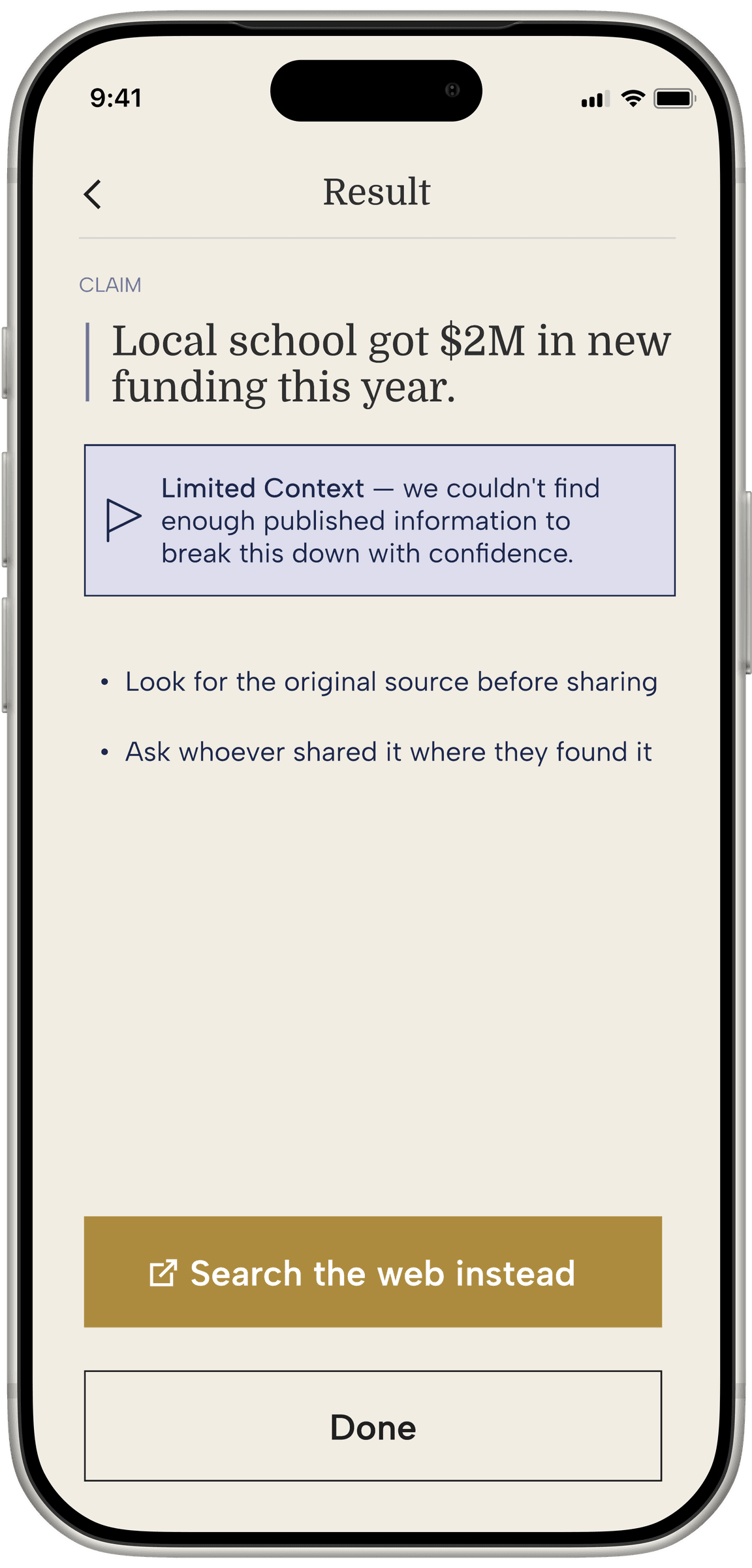 Context's Result screen for a claim with limited context: a flag reading 'we couldn't find enough published information to break this down with confidence.'