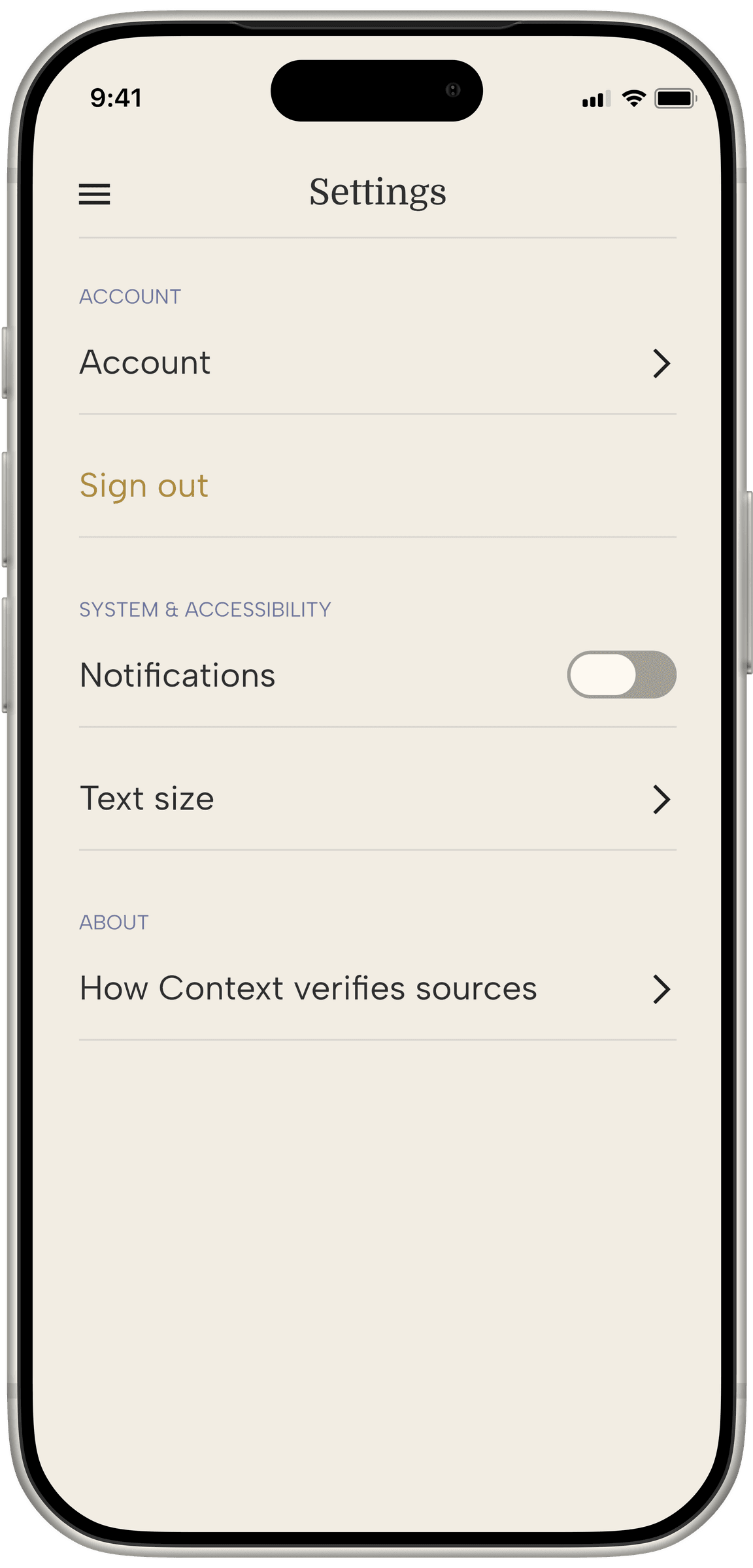 Context Settings screen