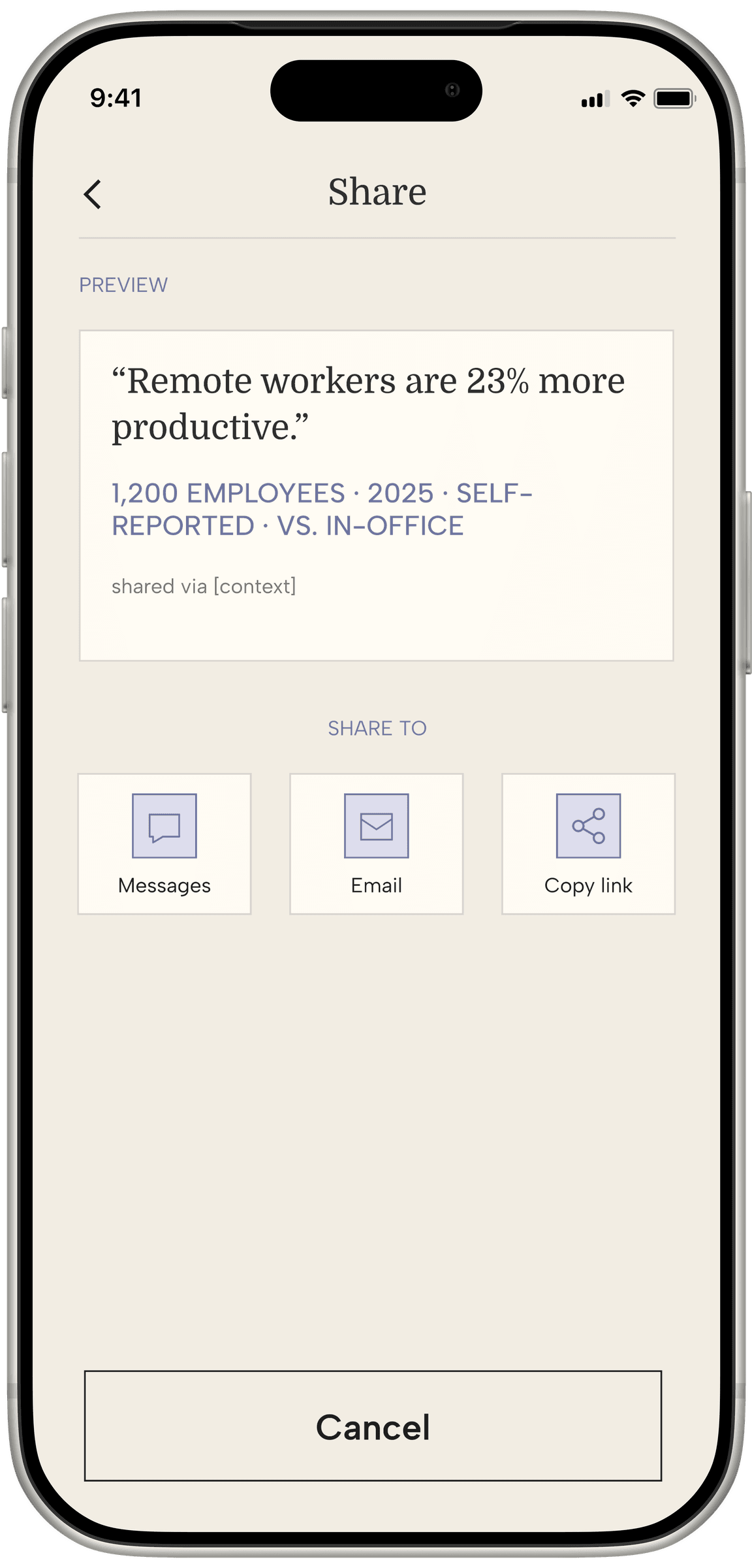 Context's Share screen: a preview card with the claim and its context, and Messages/Email/Copy link options.