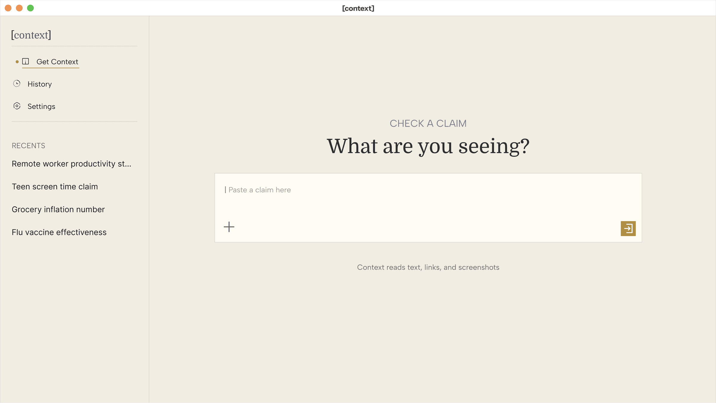 Context's desktop Home window: the same claim field and Check it button, in a browser-style window.