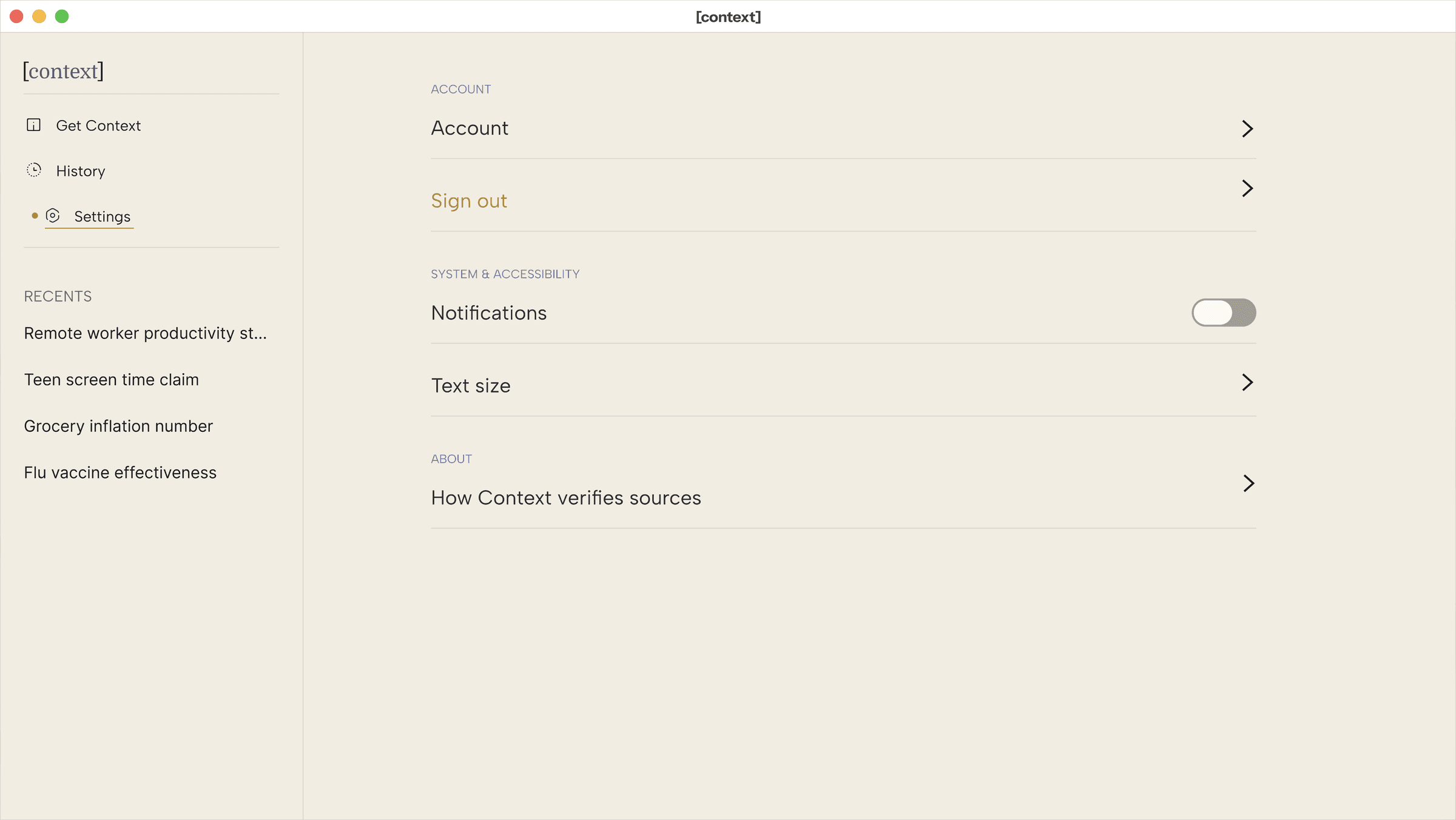 Context desktop Settings window