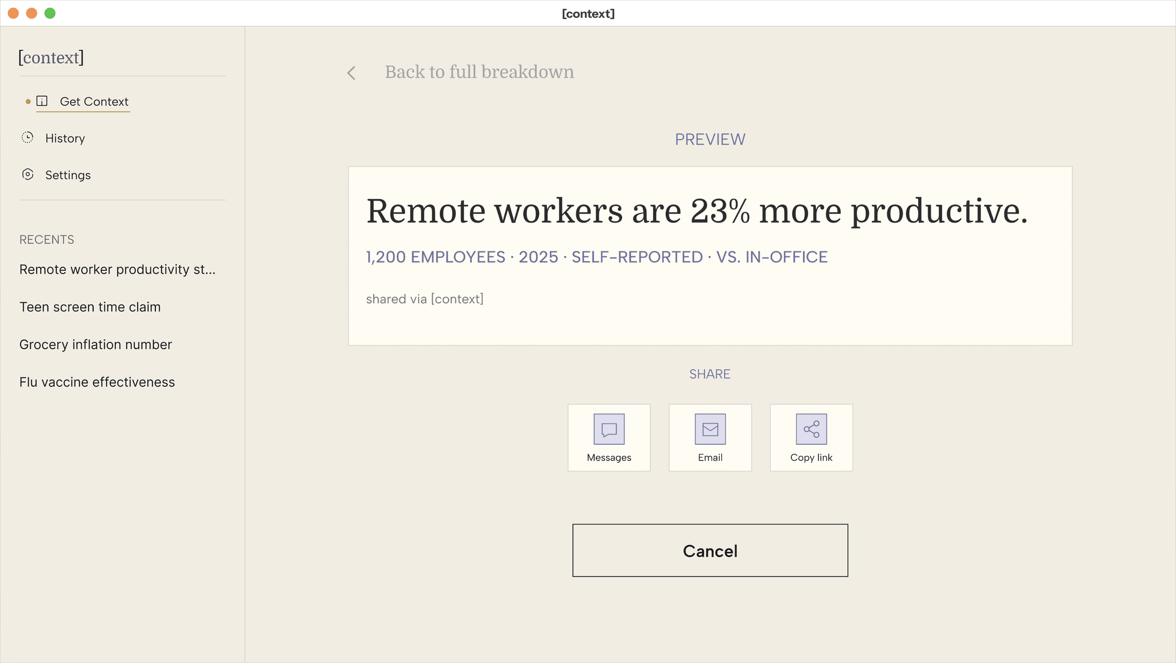 Context's desktop Share window: the same preview card and Messages/Email/Copy link options.