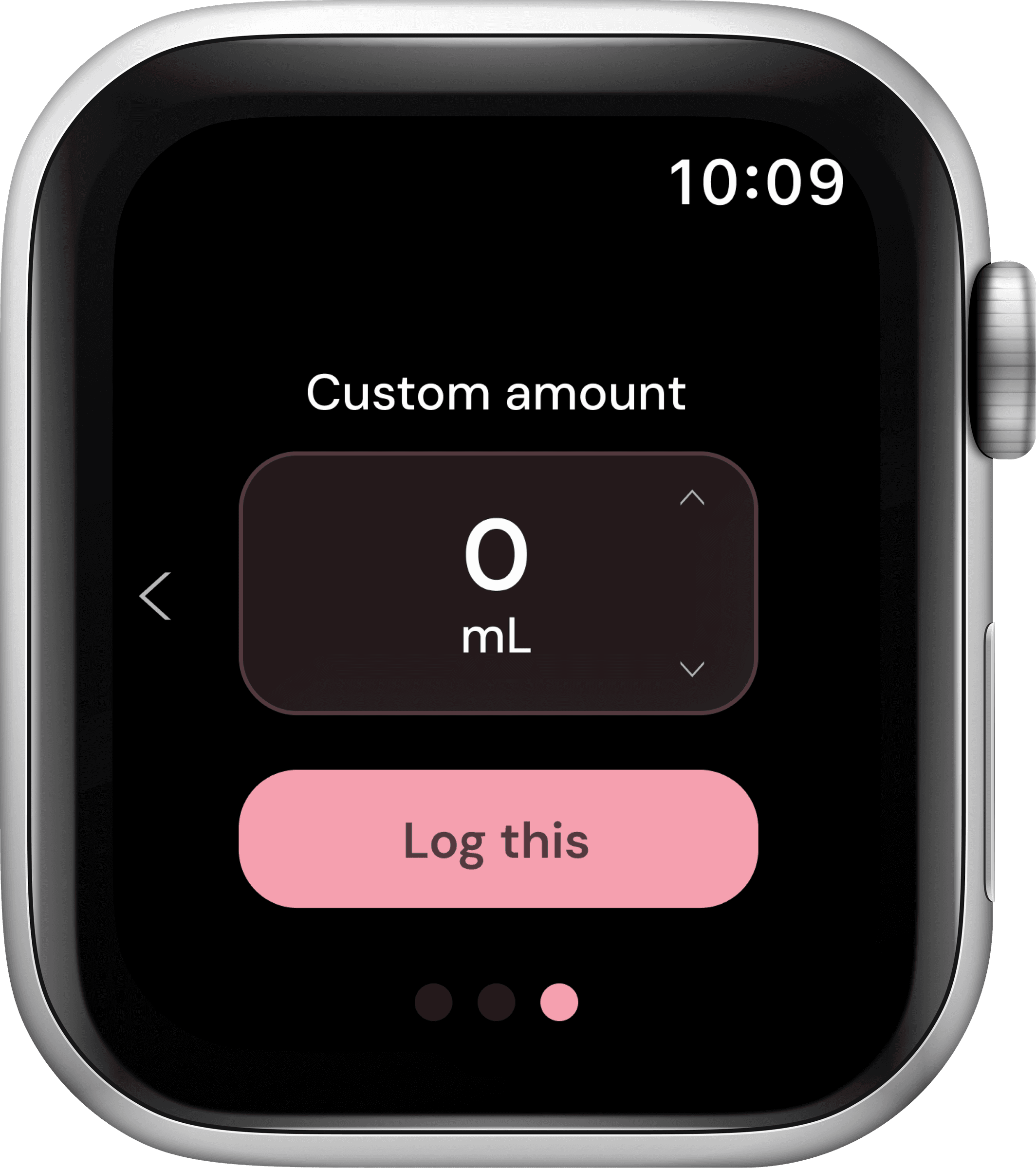 Hanami's Add Water screen, custom amount entry with the crown-scroll input and a Log this button.