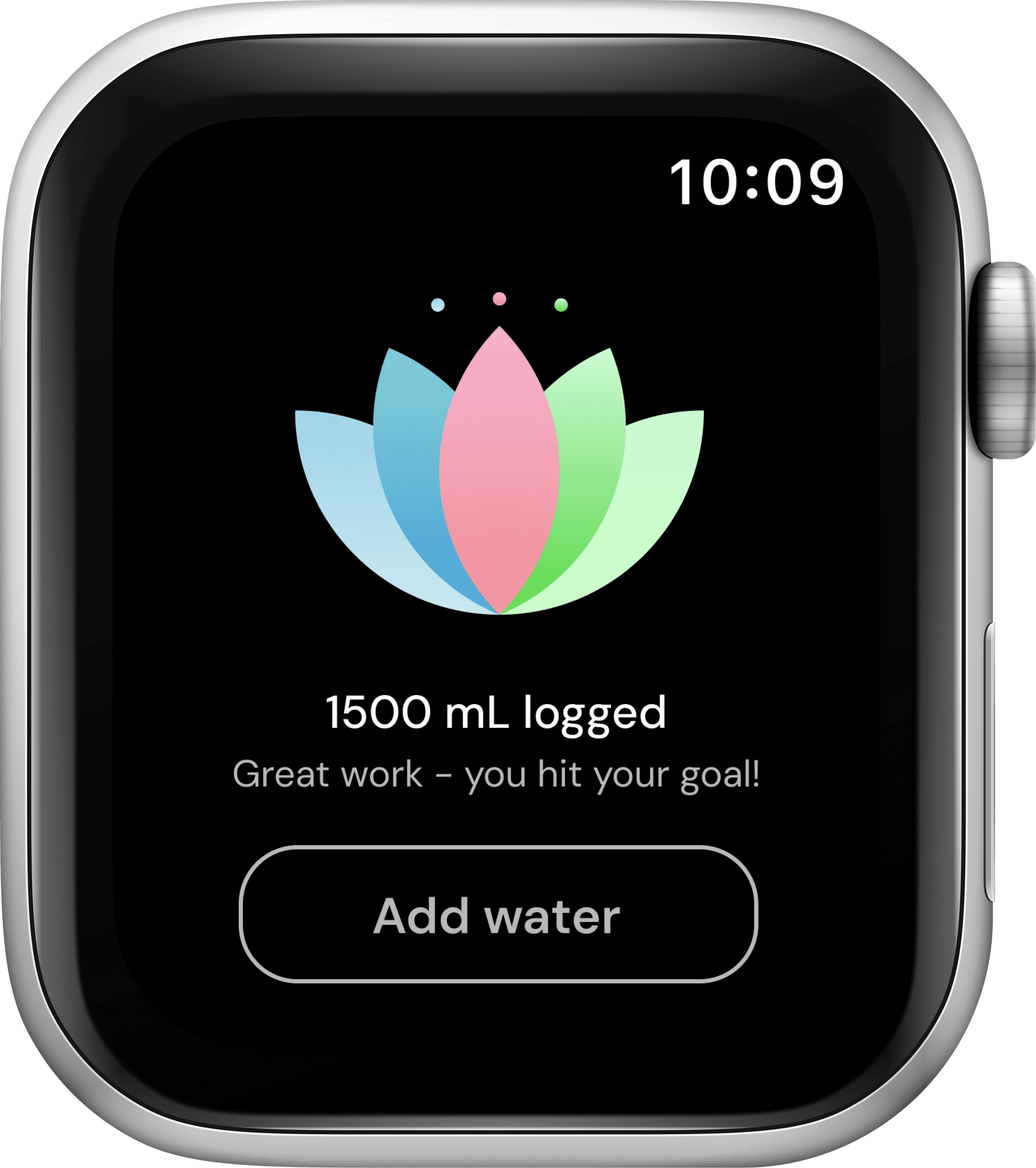 Hanami's goal-reached screen: a full-color lotus mark and 'Great work, you hit your goal!'