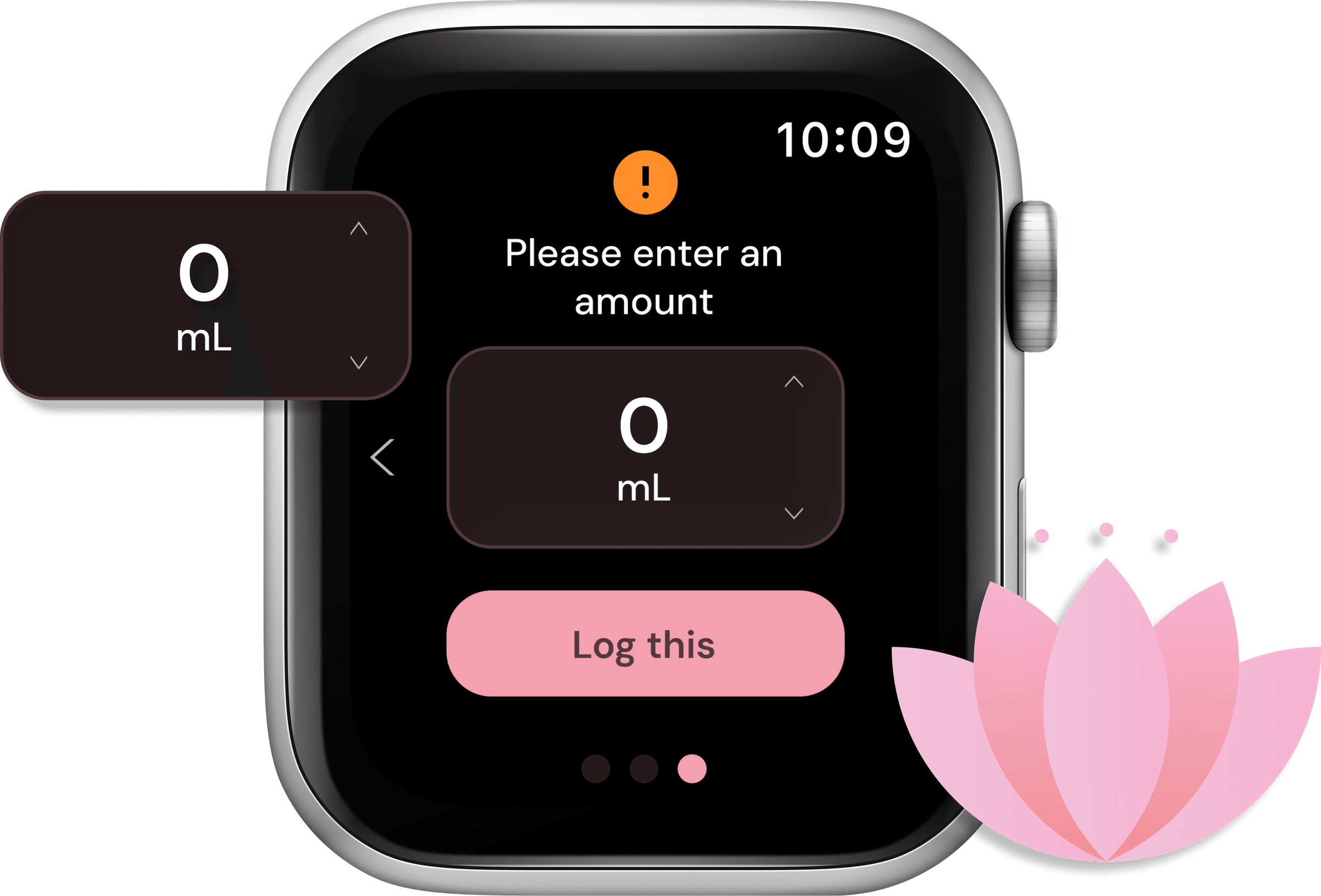 Hanami's Add Water screen with a custom-amount card popped out next to the watch, and the lotus mark beside it.