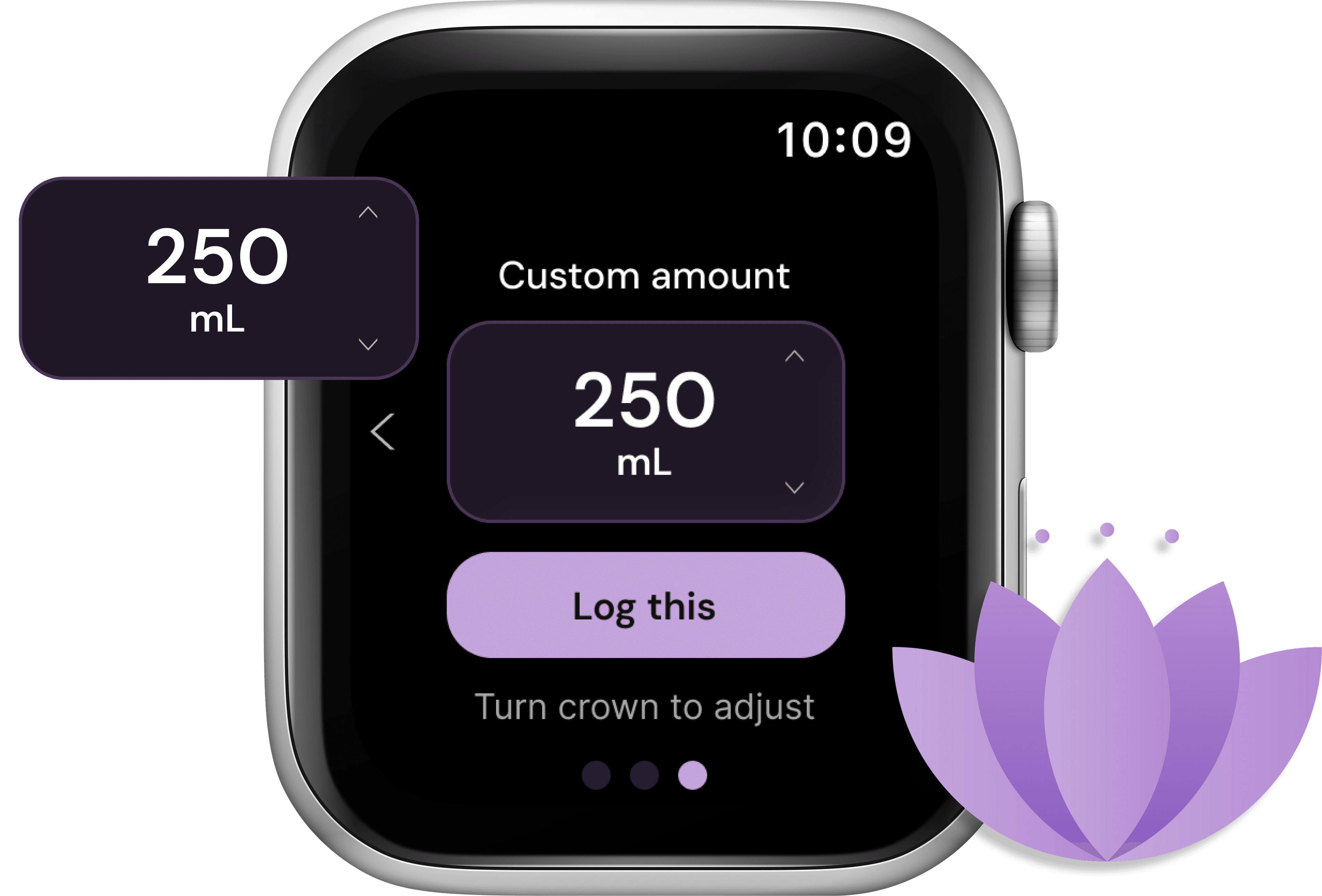 Hanami's Custom amount screen at 250 mL with a Log this button, its amount field popped out beside the watch and a purple lotus below it.