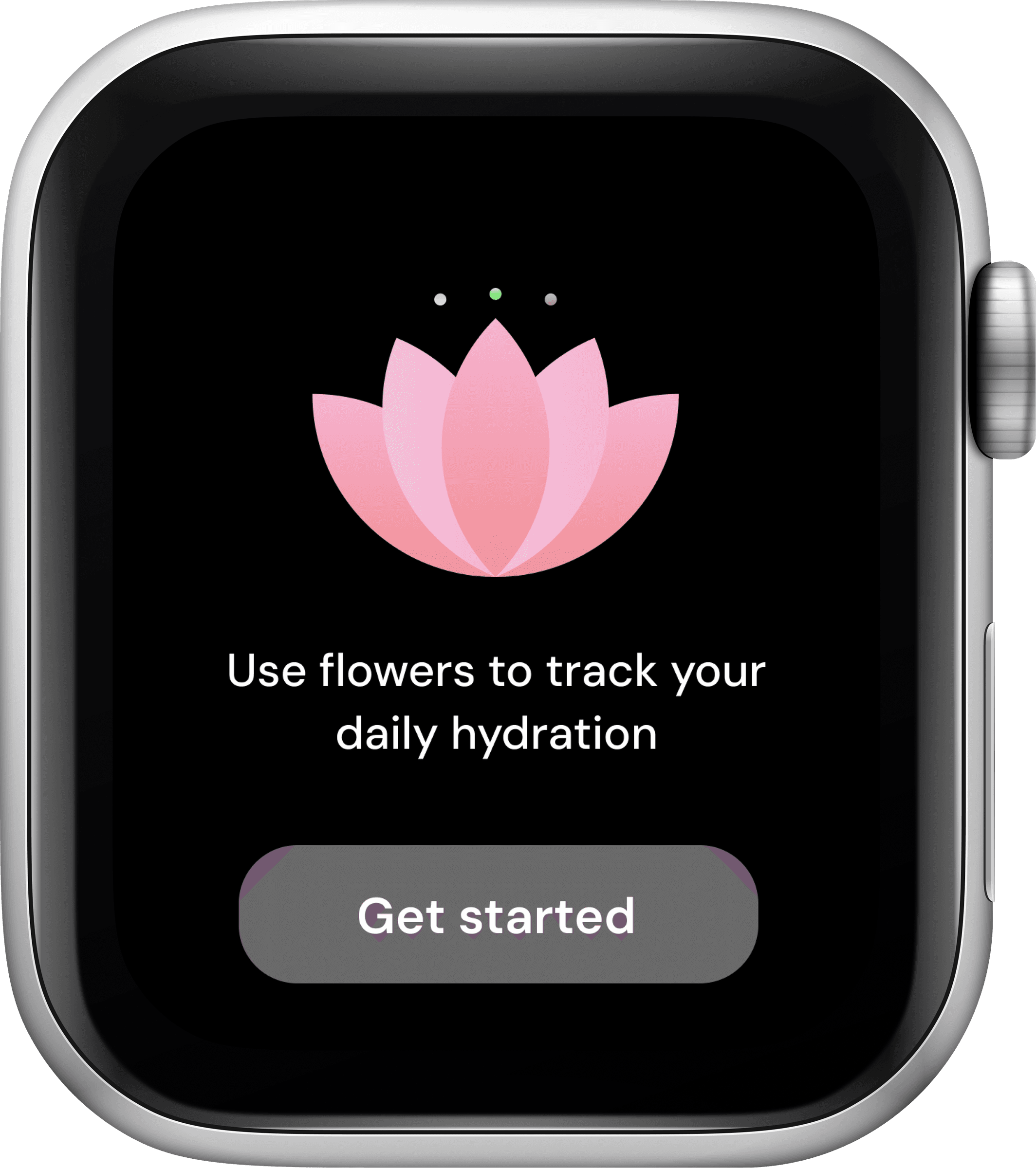 Hanami's onboarding screen: 'Use flowers to track your daily hydration,' with a Get started button.