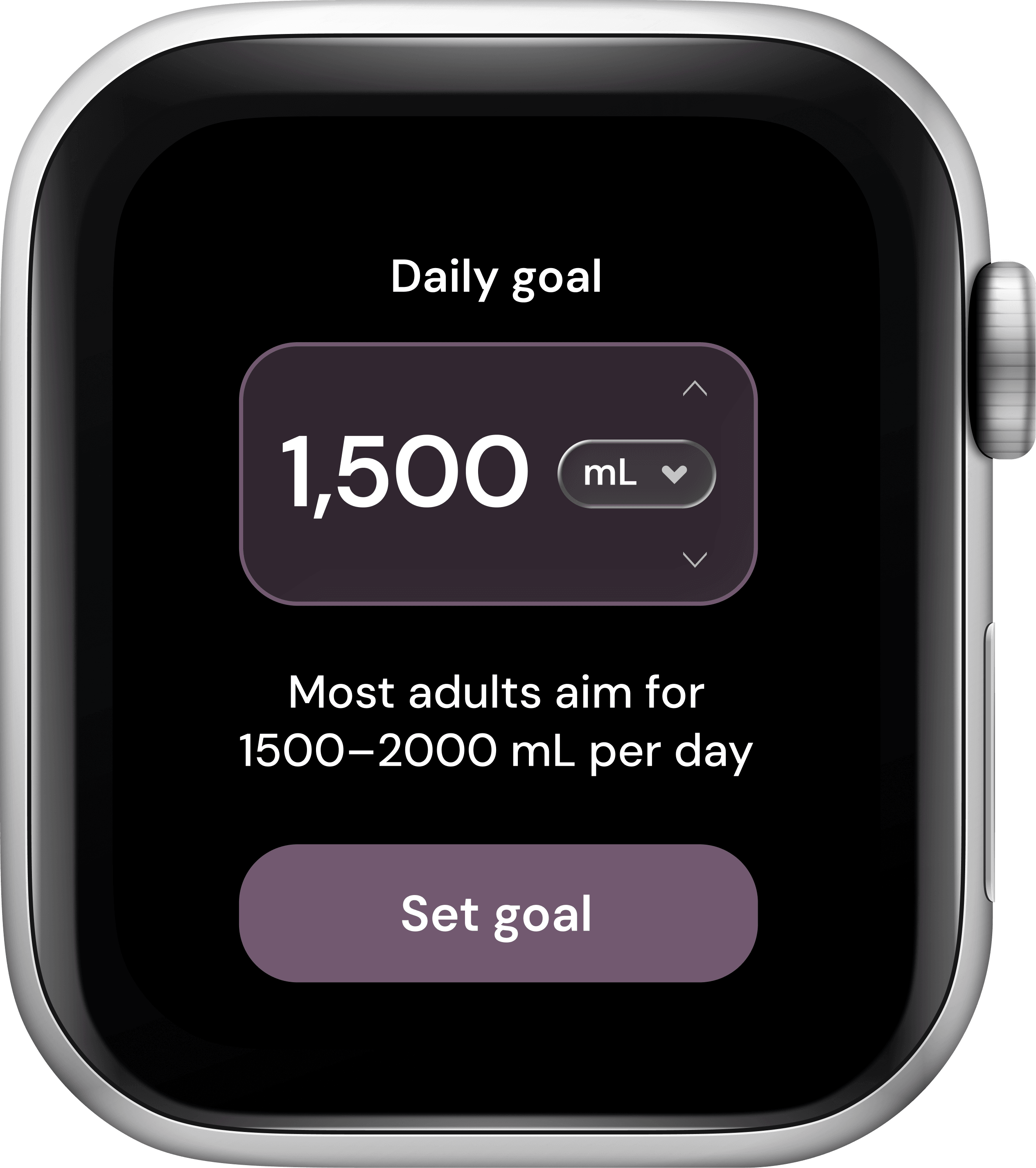 Hanami's Daily goal screen: 1,500 mL with a units menu, 'Most adults aim for 1500–2000 mL per day,' and a Set goal button.