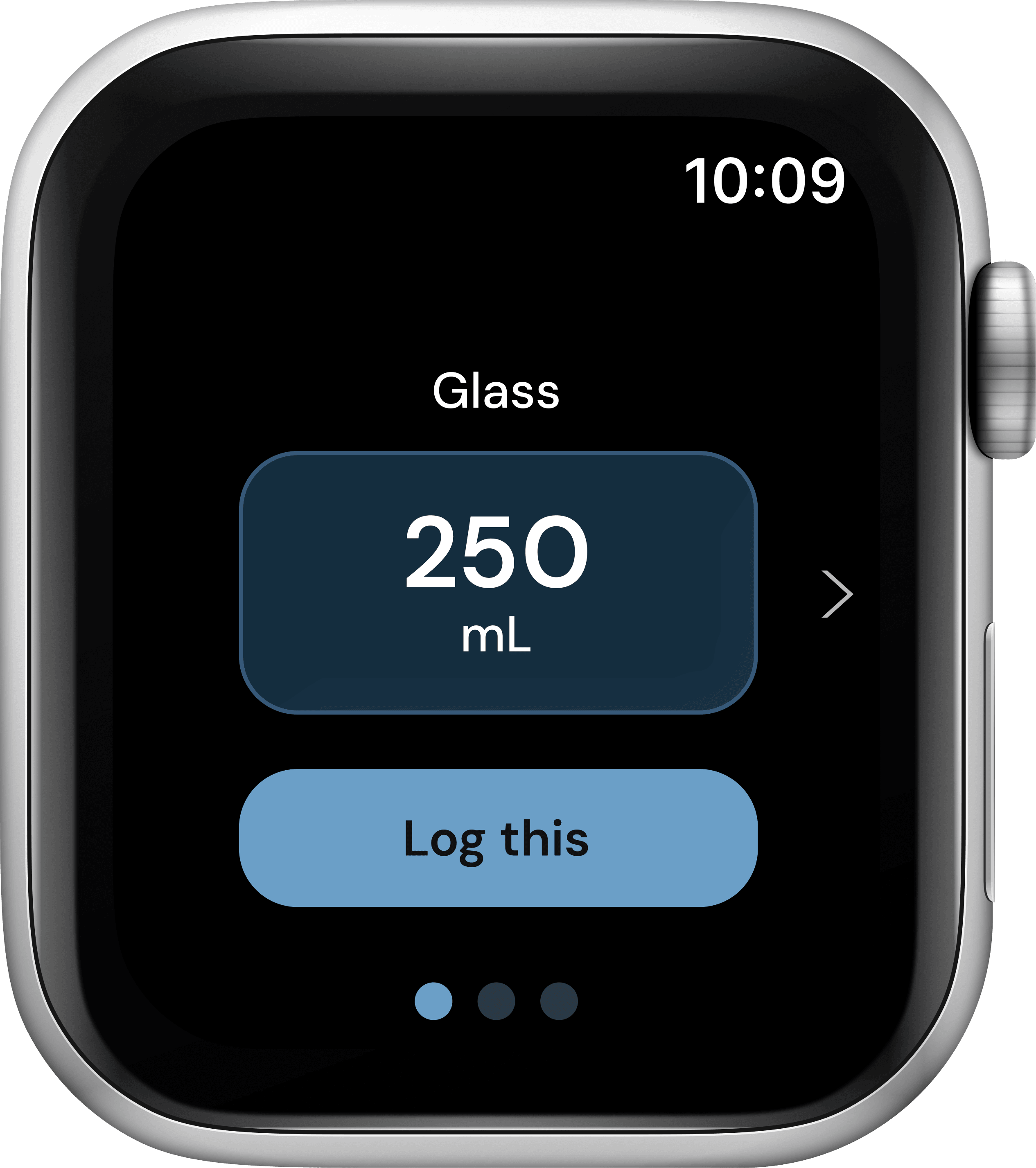 Hanami's Add Water screen: Glass, 250 mL, a Log this button, and three page dots.