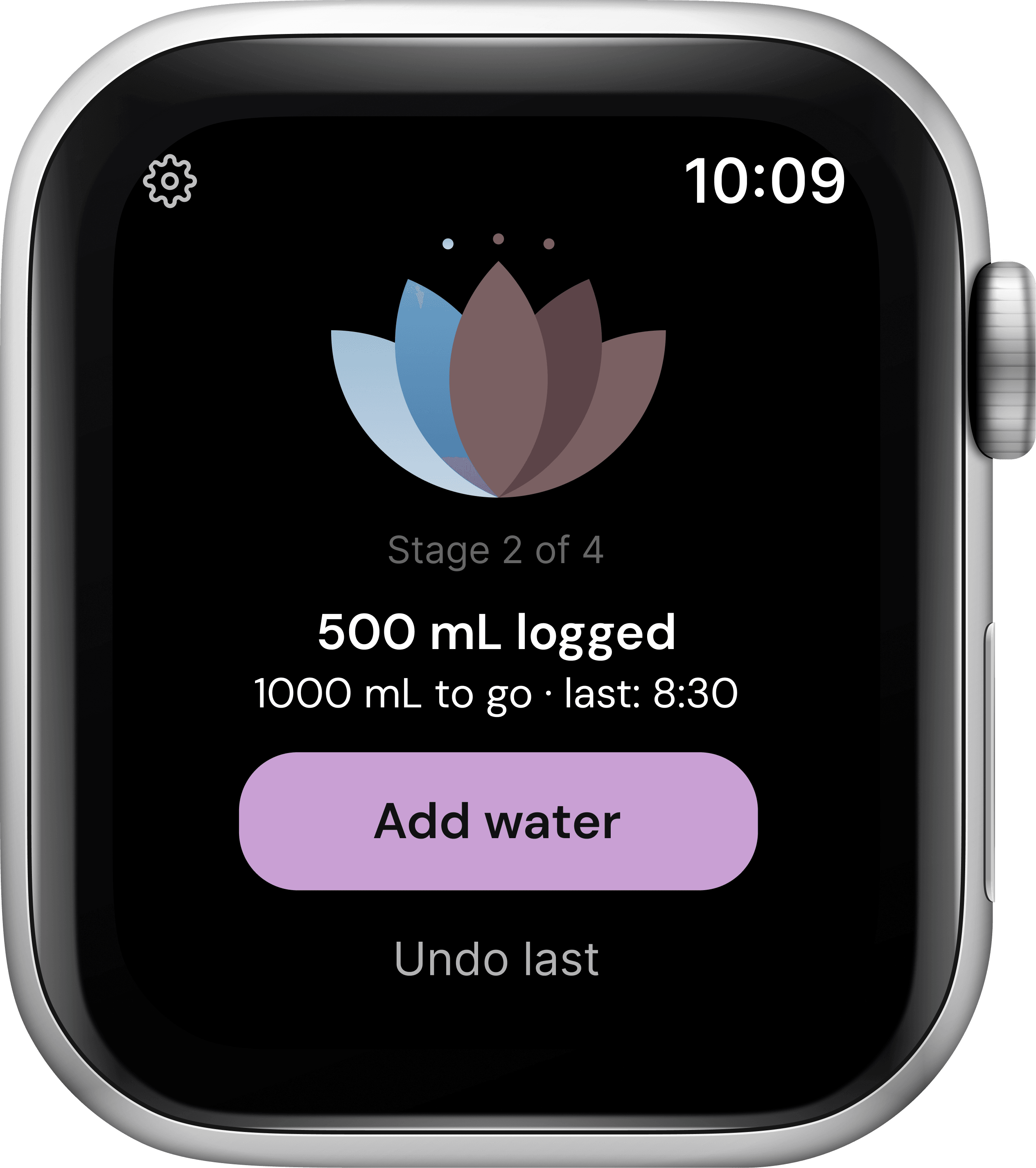 Hanami's expanded Home screen: a partly colored lotus, 'Stage 2 of 4,' '500 mL logged, 1000 mL to go, last: 8:30,' an Add water button, and Undo last.