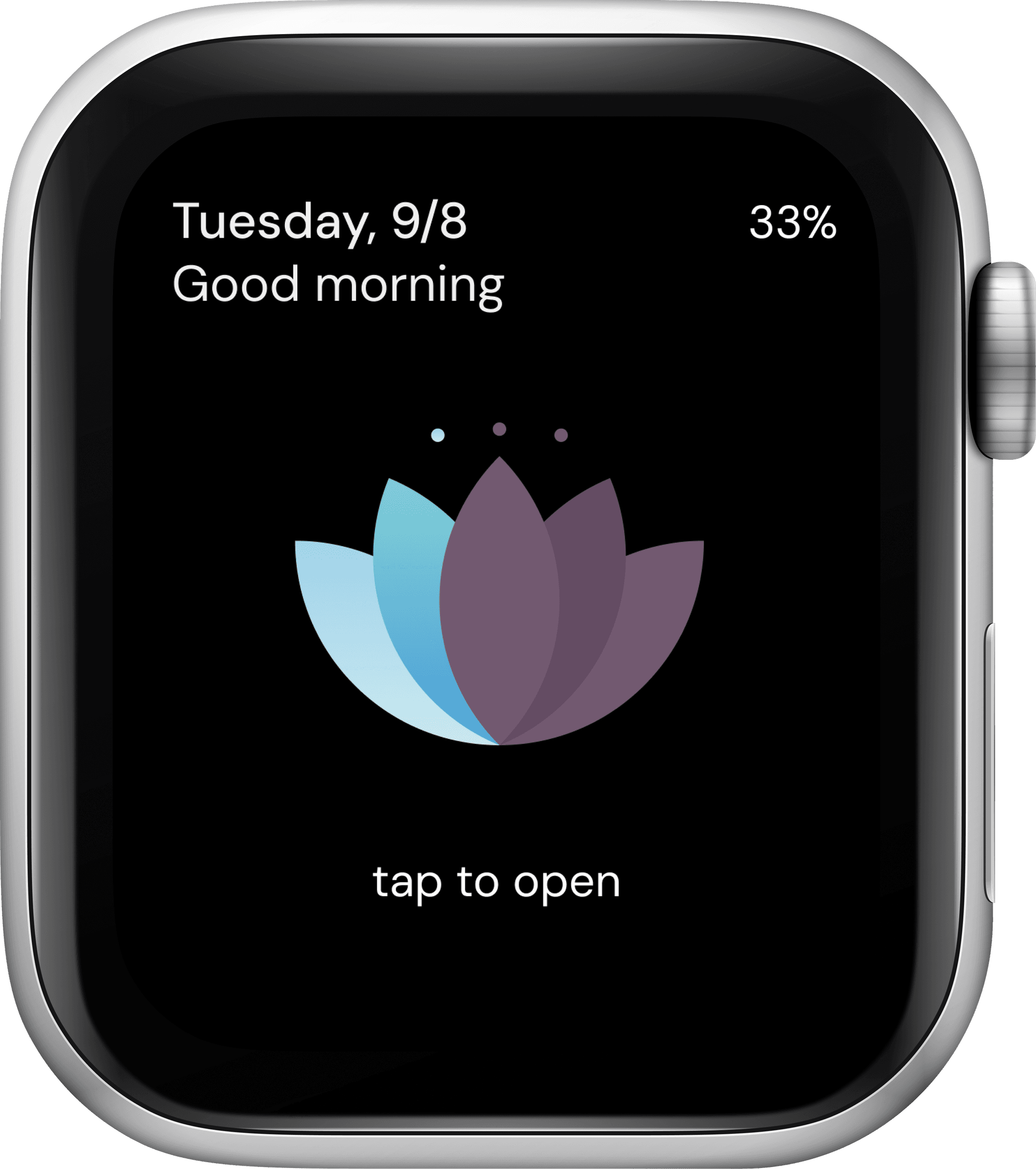 Hanami's watch face showing 33% and the lotus mark, tap to open.