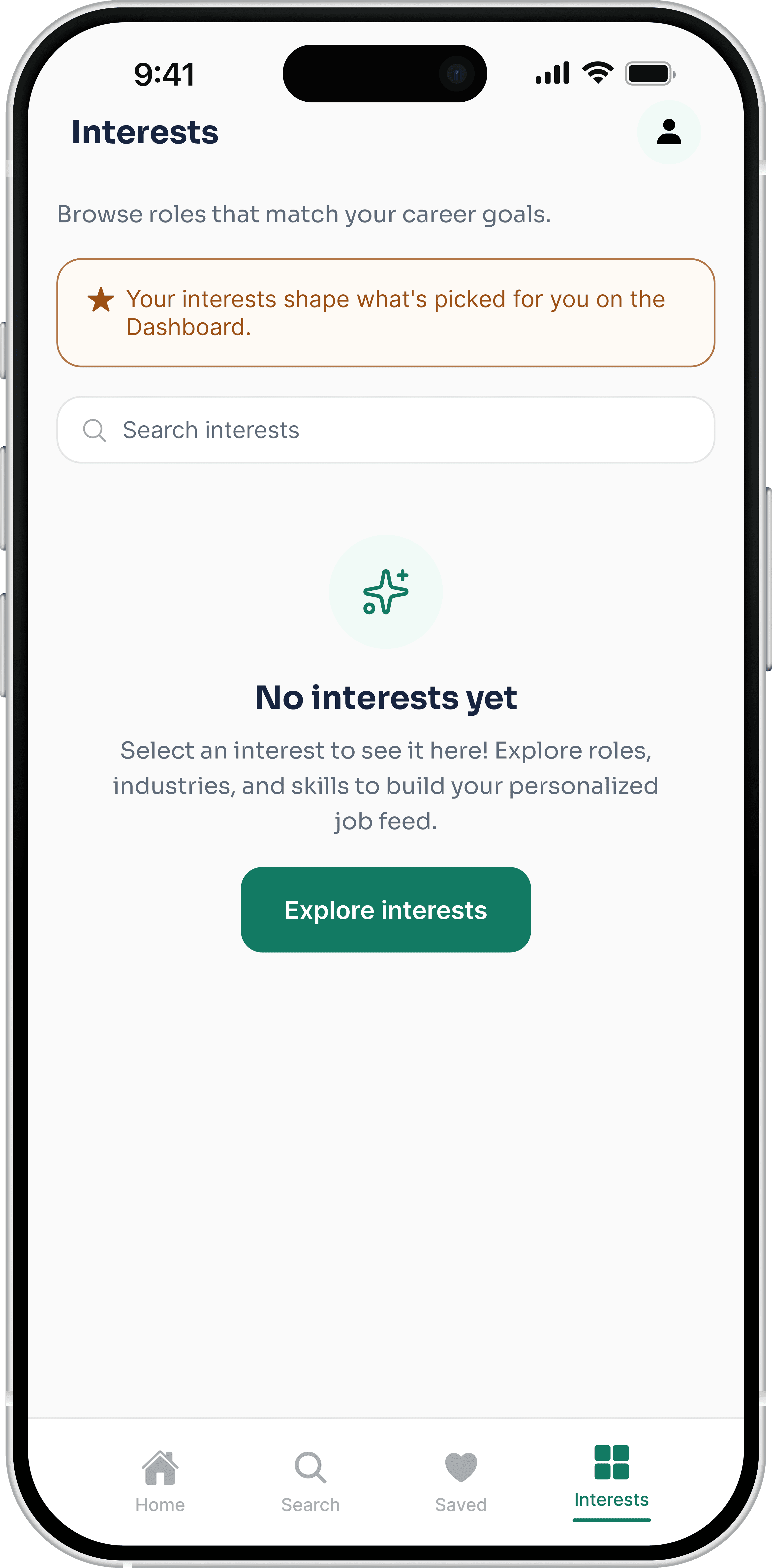 PeopleGrove Interests screen, empty