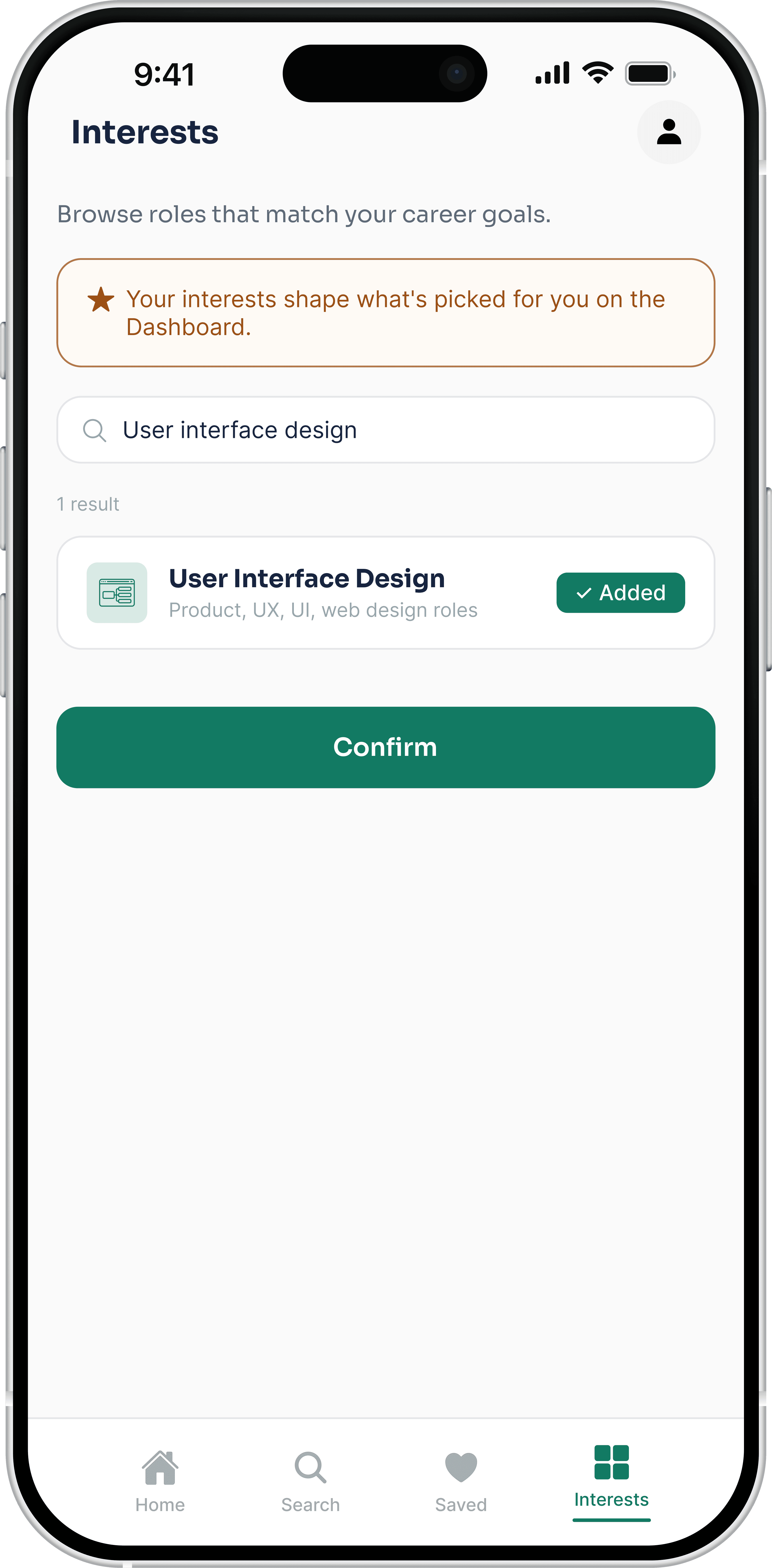 PeopleGrove Interests screen, interest added