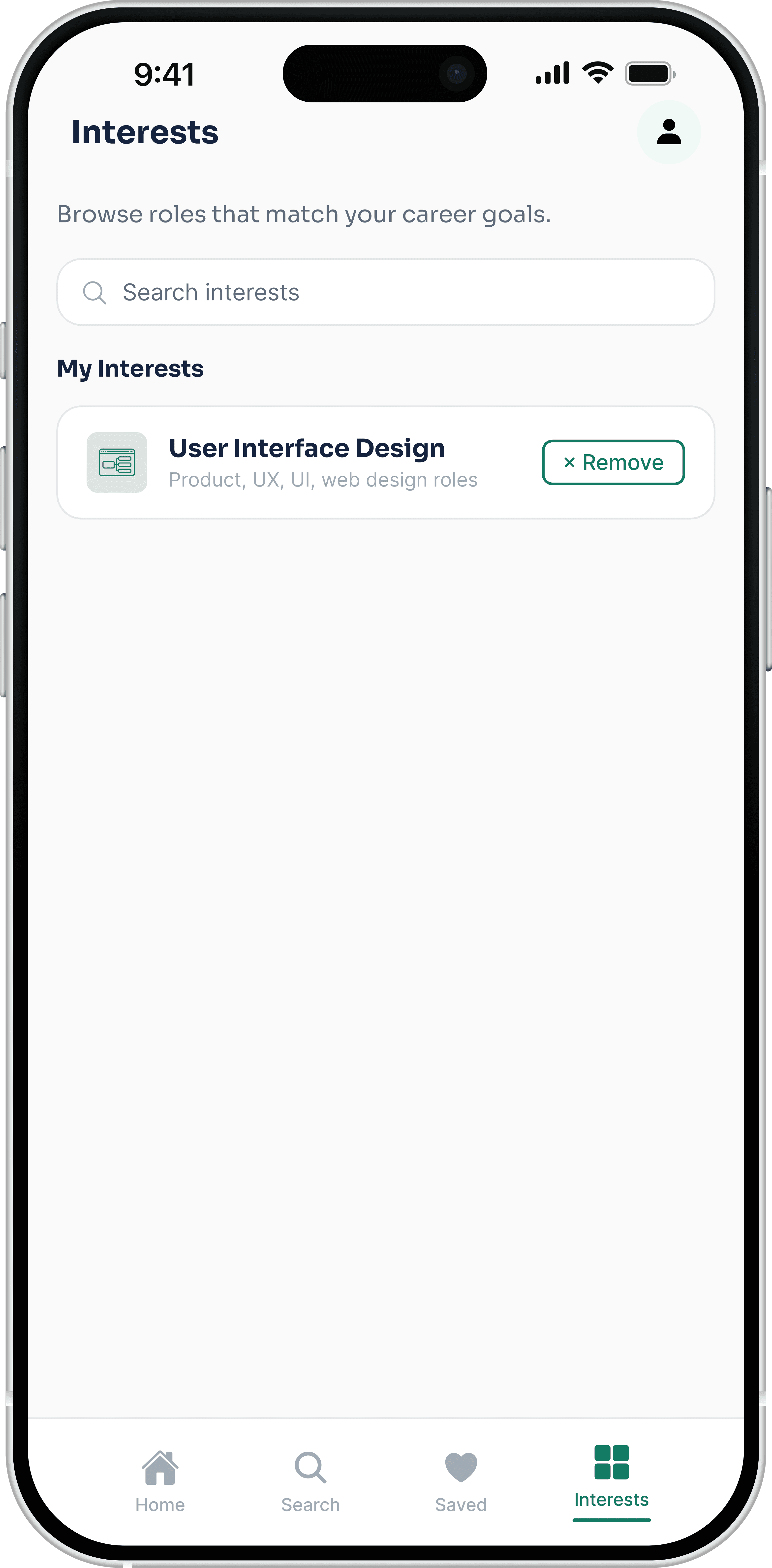 PeopleGrove Interests screen, My Interests