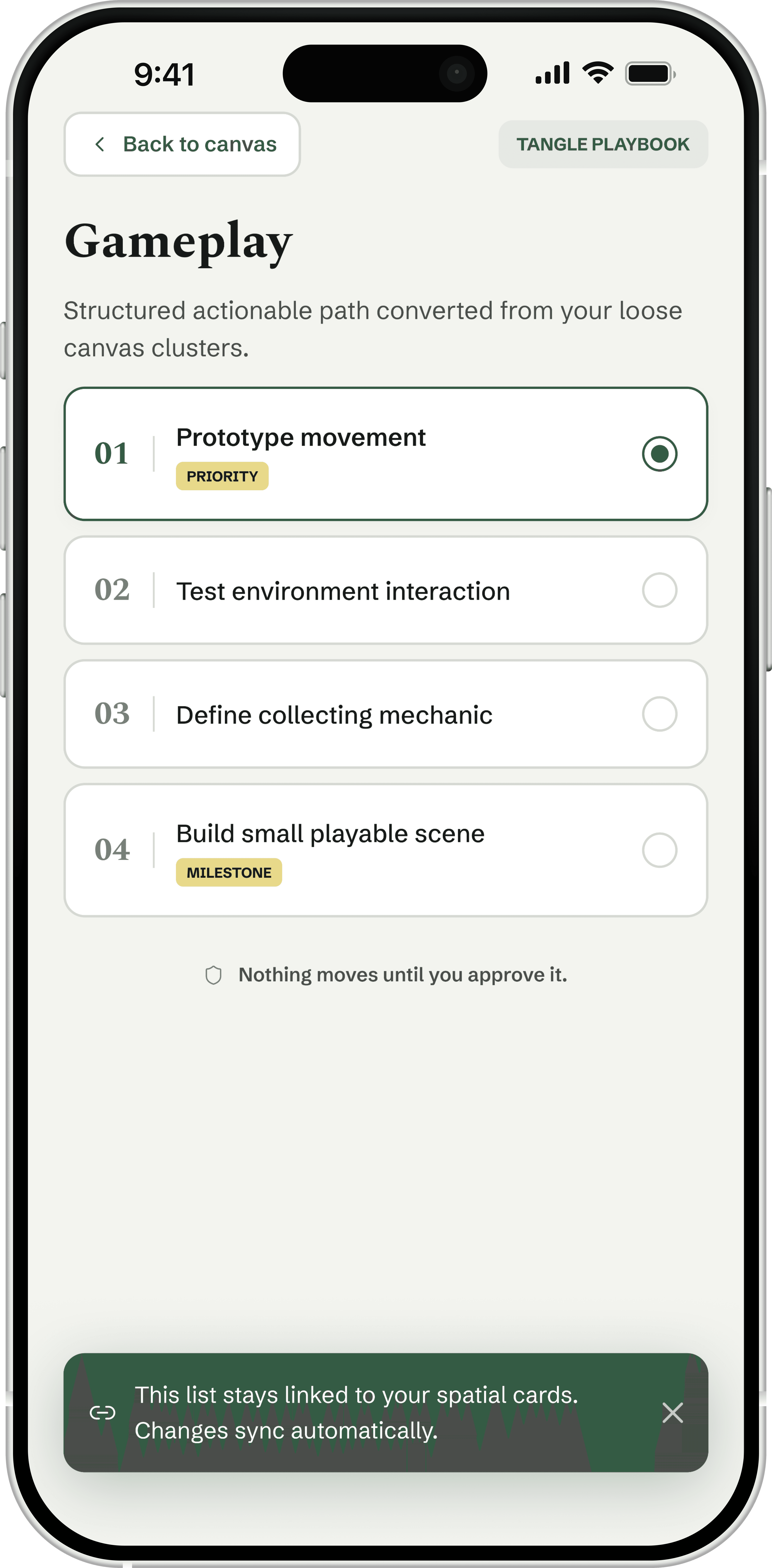 Tangle's Gameplay screen: four numbered steps with priority and milestone tags, and a banner confirming the list stays linked to the canvas.