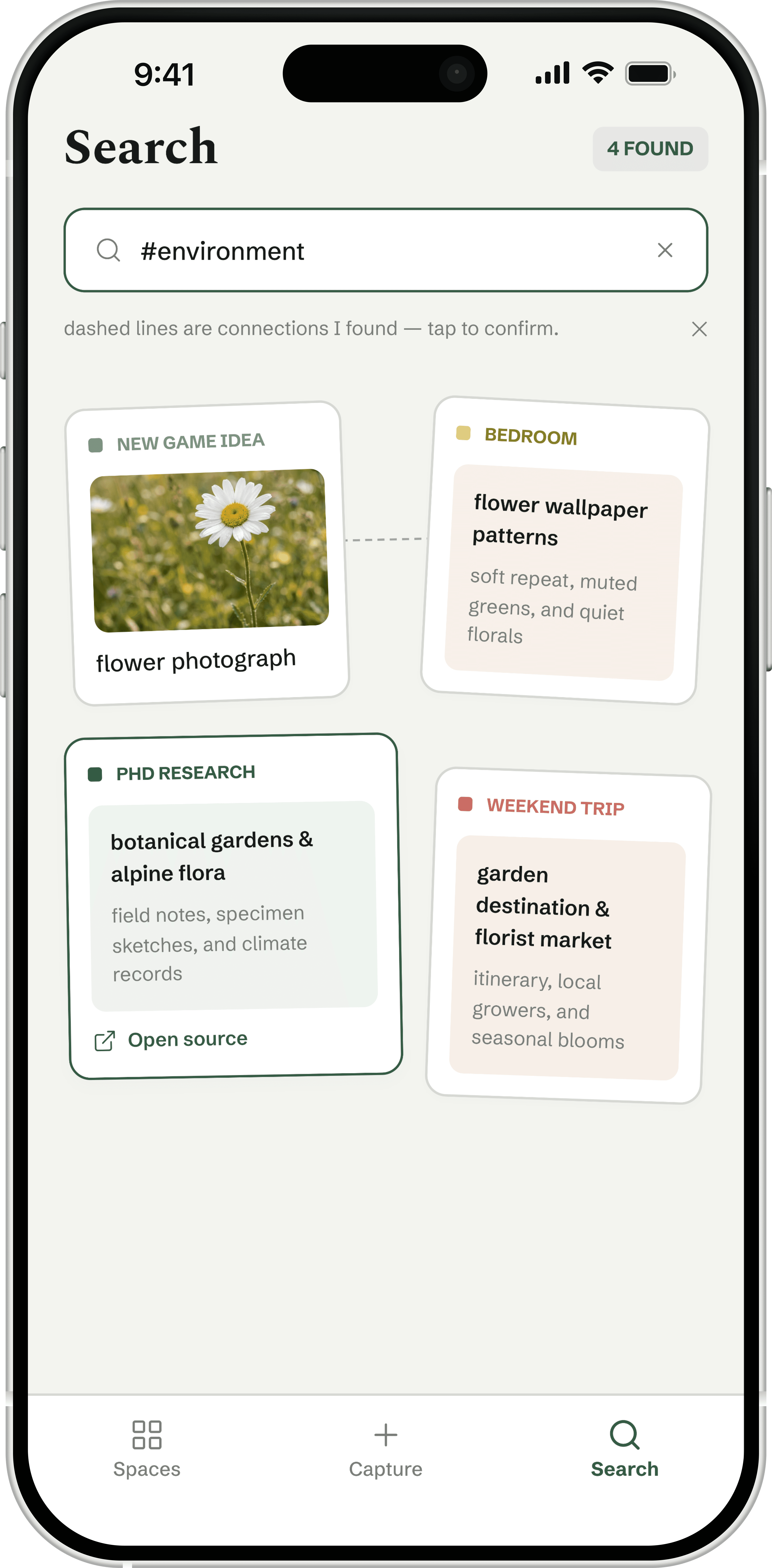 Tangle's search results for #environment, with a dashed line connecting two cards Tangle grouped on its own.