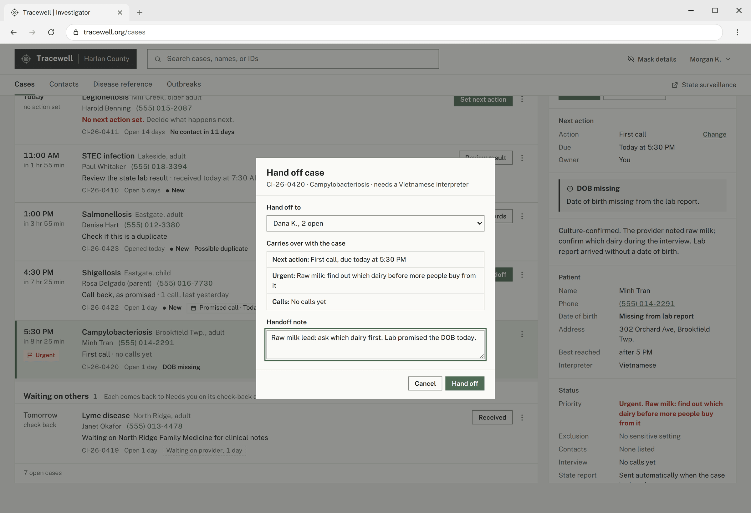 Tracewell's Hand off case dialog, handing to Dana K., listing the next action, urgent note, and calls that carry over, with a handoff note.